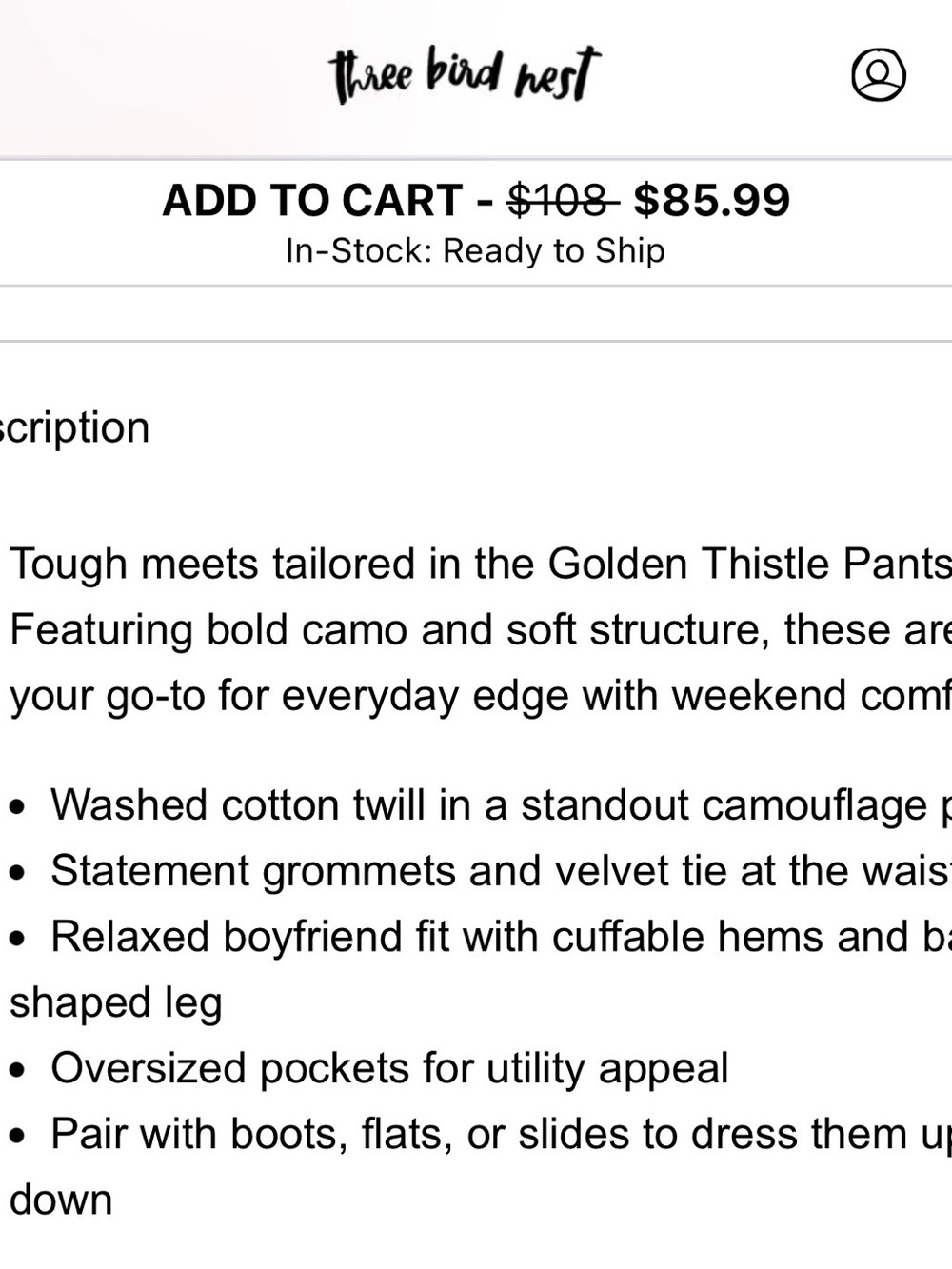 Three Bird Nest Golden Thistle Wide-Leg Camo Pants NWT Size Small - Picture 6 of 6